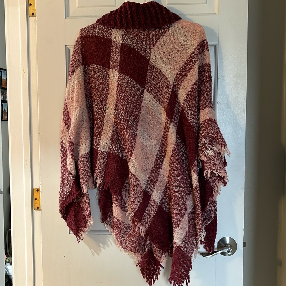 Plaid poncho with turtleneck collar